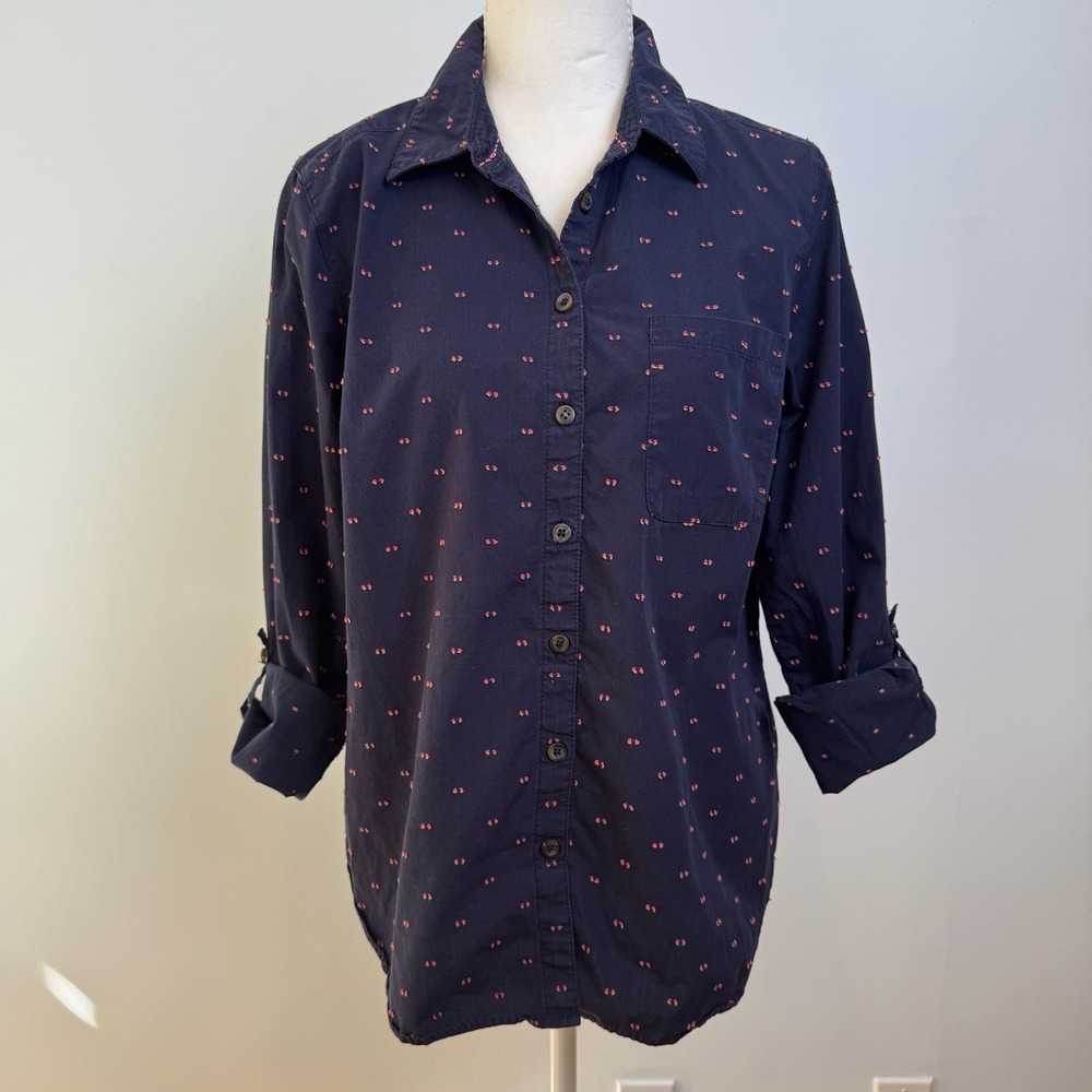 Maeve Anthropologie Button Up Shirt Womens 6 Navy Cotton Embroidered Boho Preppy
